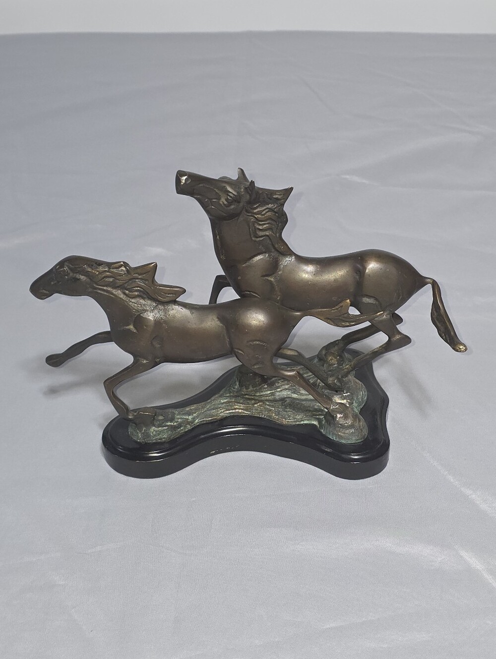 Vintage Brass Three Galloping Horses Sculpture on Black Resin Base